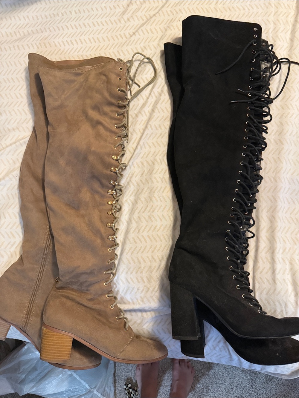 Over-the-Knee Lace-Up Suede Boots in Black and Taupe  (2 pairs)